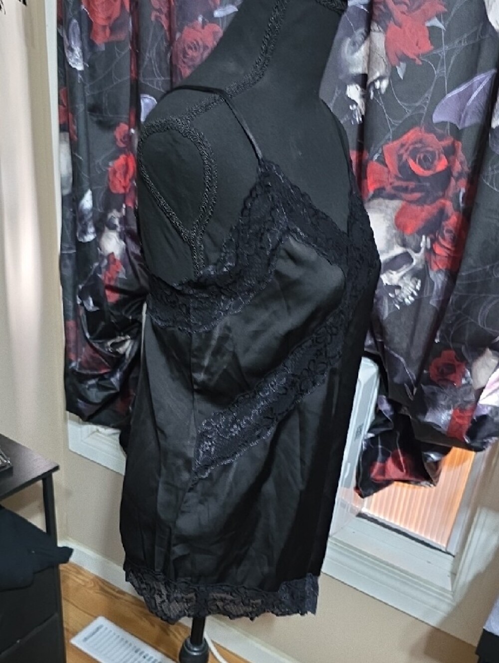 Black Asymetrical Long Lace Trim Satin Camisol - Picture 4 of 9